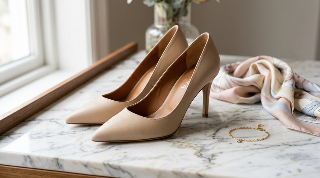 beige pumps outfit ideas