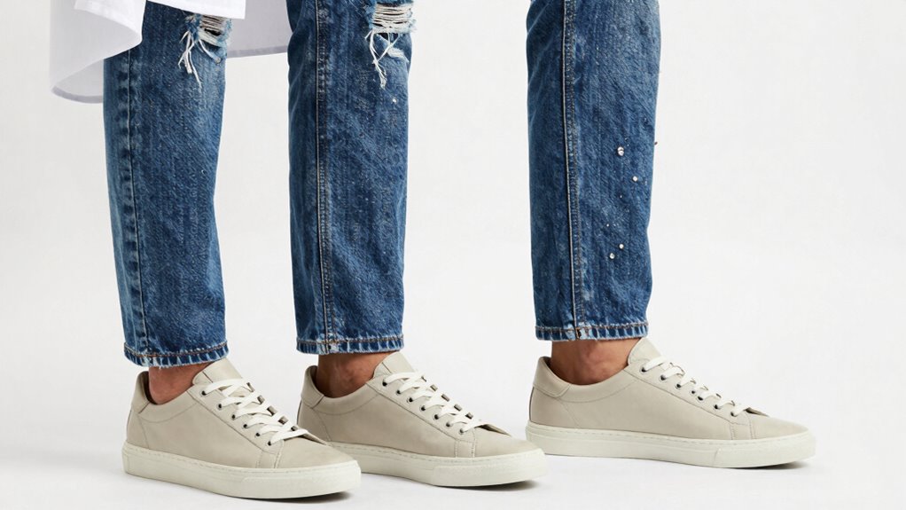 bold embellished denim with white sneakers
