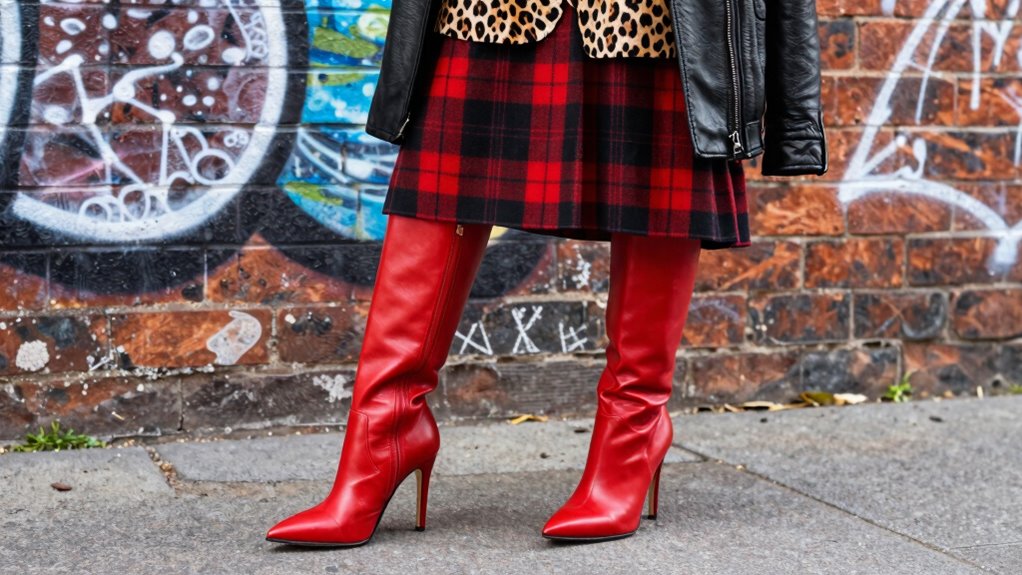 bold red boots elevate diverse textures