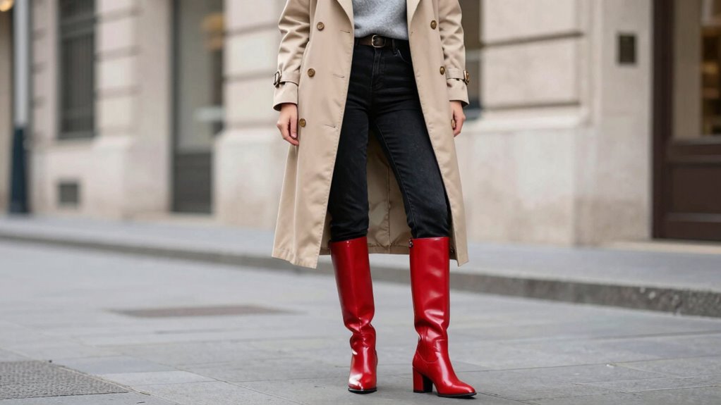 bright red boots with muted neutrals balance