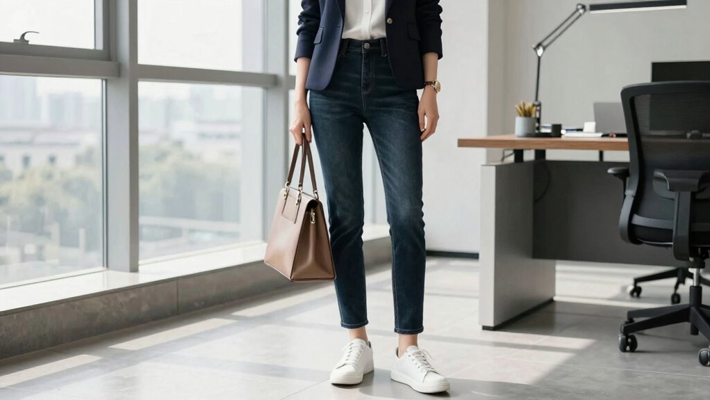 dark wash jeans leather sneakers tailored blazer