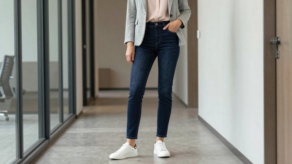 dark wash jeans match leather sneakers
