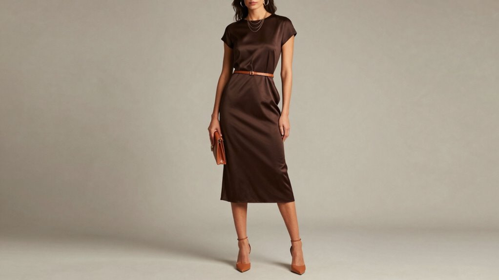 gold toned accessories elevate brown dress
