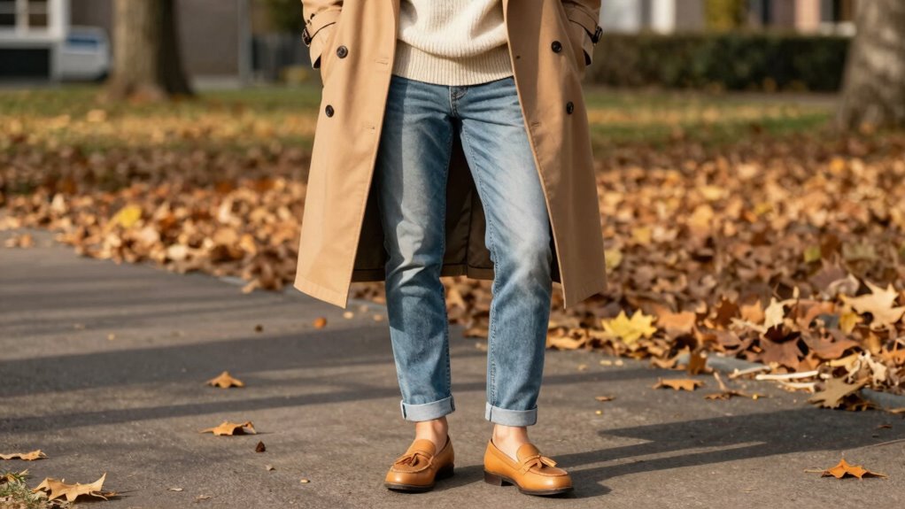layered jeans and loafers year round