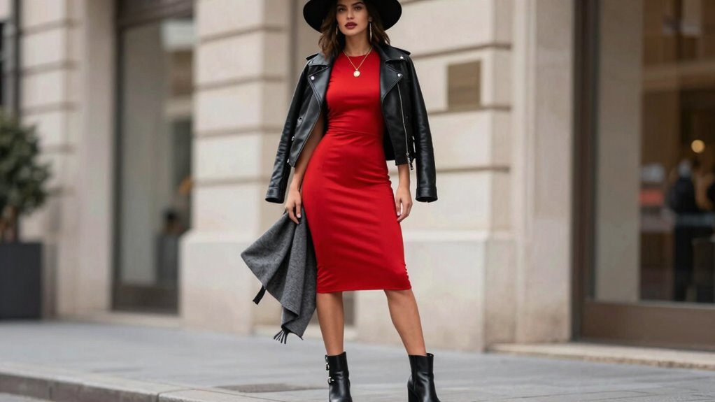 layered red dress with chic boots