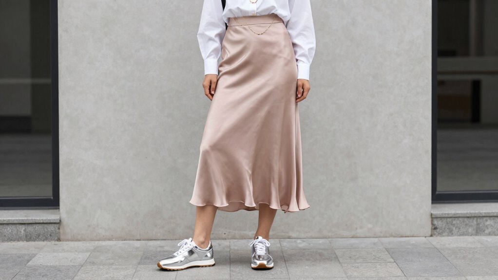 metallic sneakers elevate silk skirt ensemble