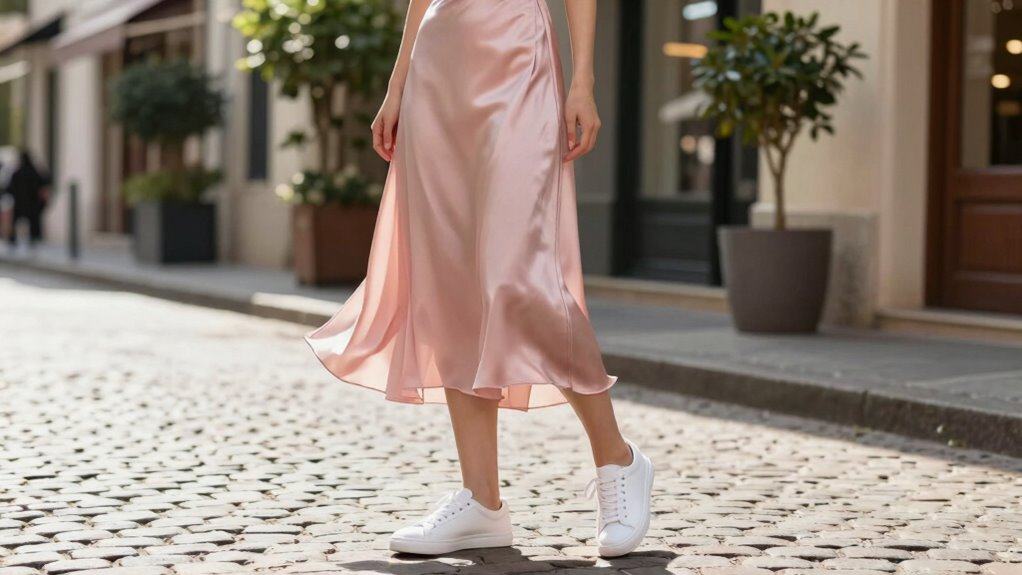 neutral satin skirt sneakers balance textures and tone