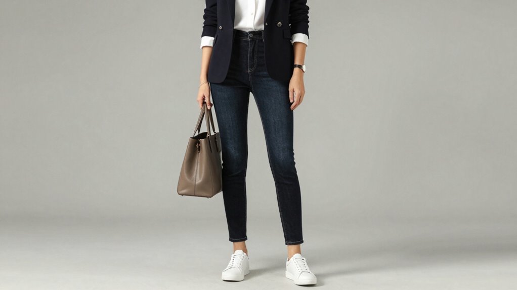 polished denim with minimalist sneakers