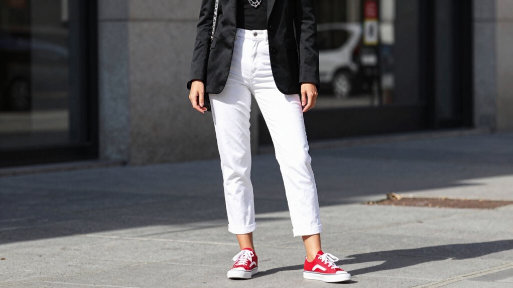 red sneakers with neutral accent accessories