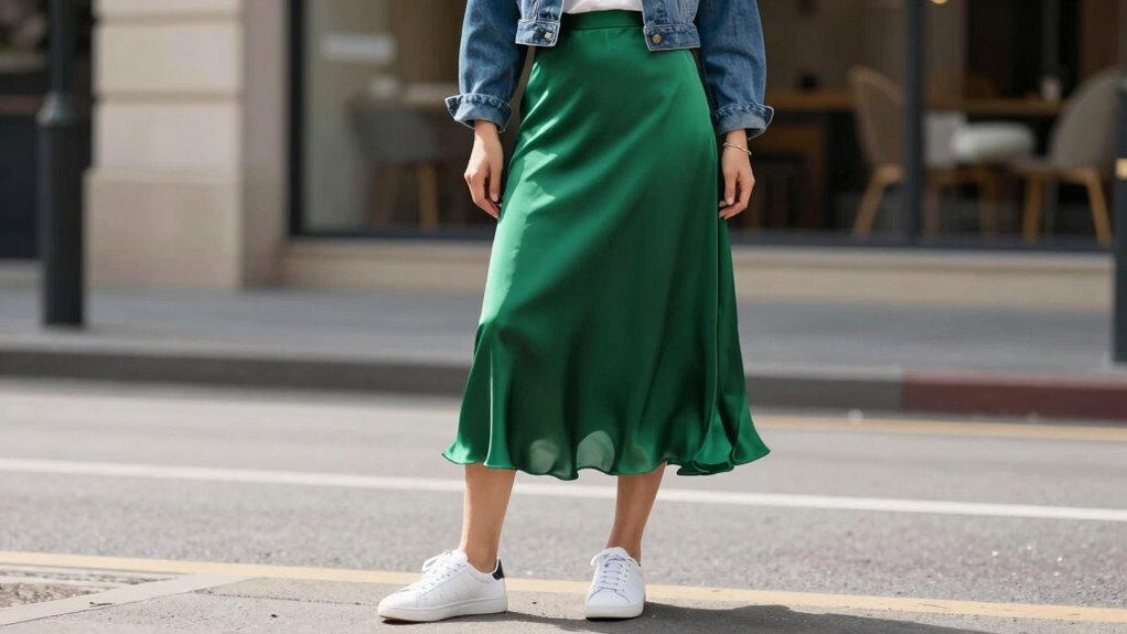 satin skirt with sneakers versatility