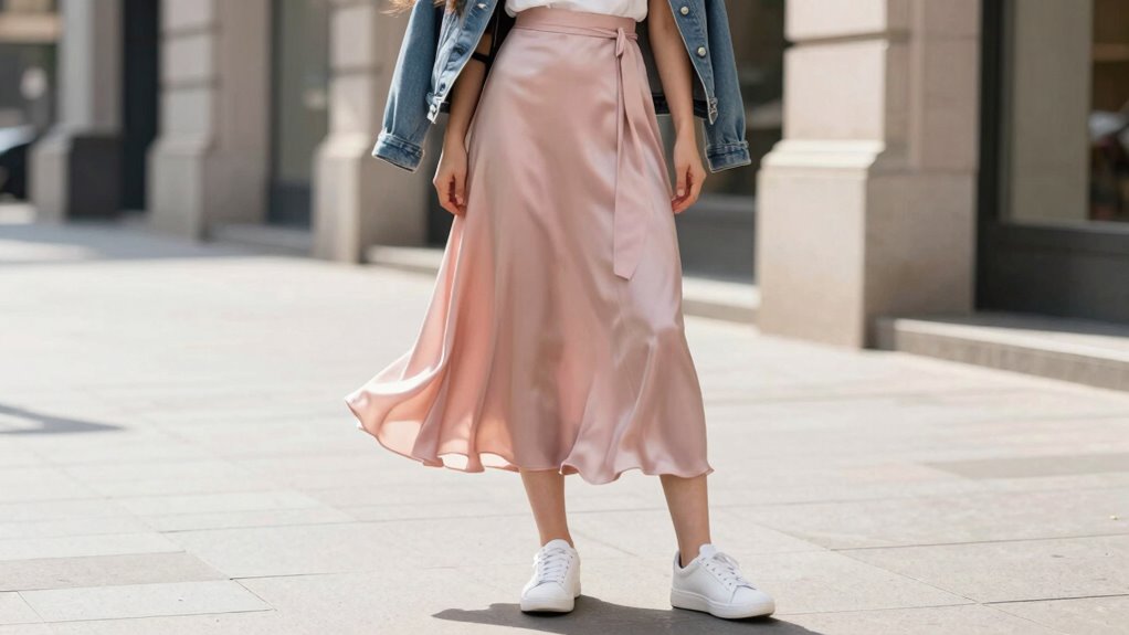 silk skirt with white sneakers