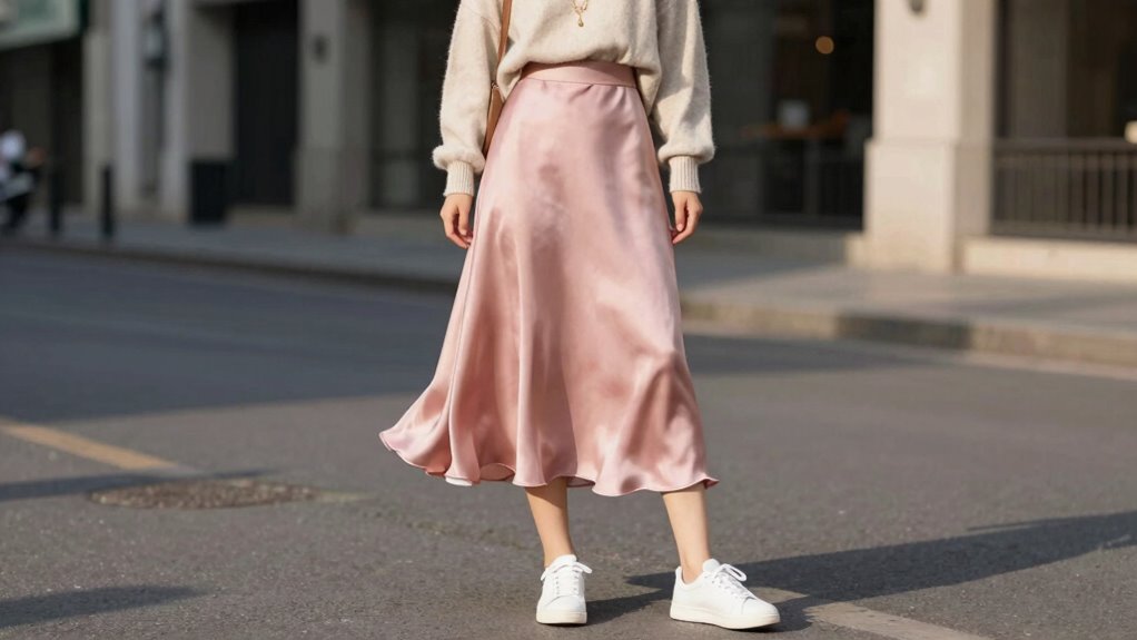 silk skirts with sneakers styling