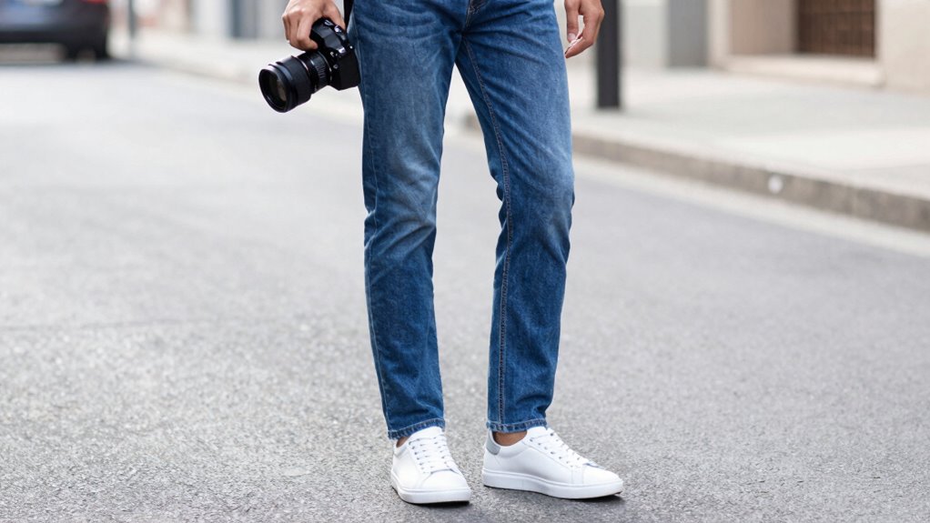 slim straight jeans clean sneakers