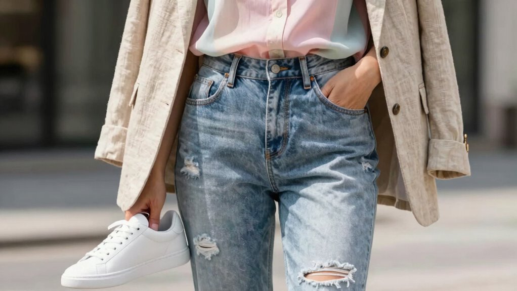 white sneakers with layered casual denim