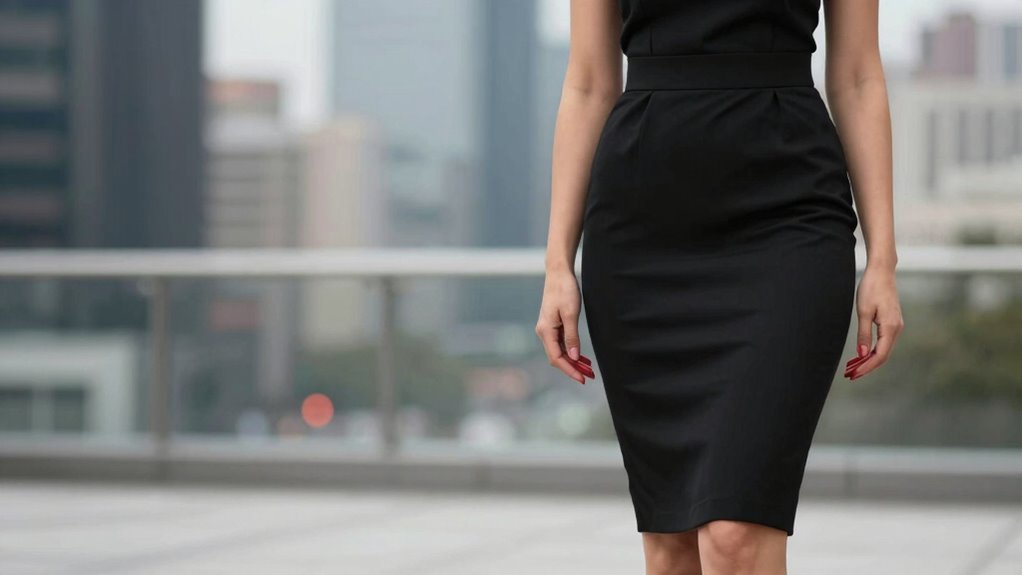 confident black dress red heels