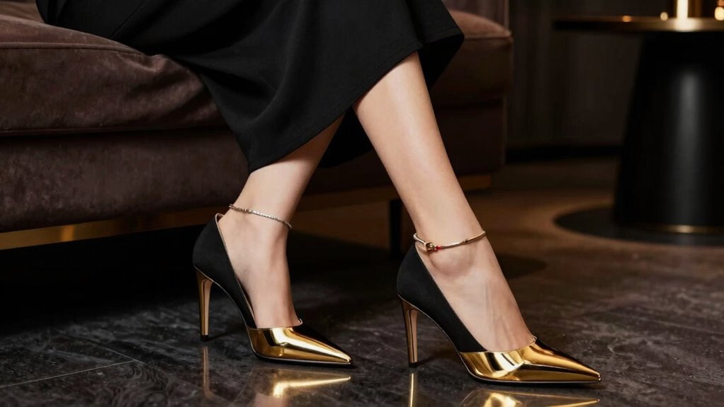 glamorous metallic heels elevate black dress