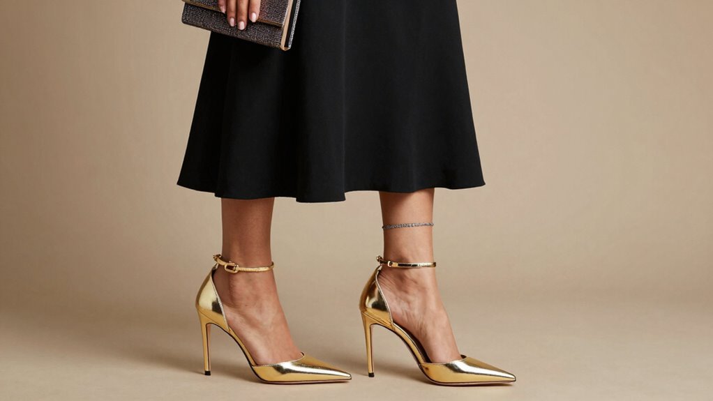 metallic or nude shoes elevate black dress outfits