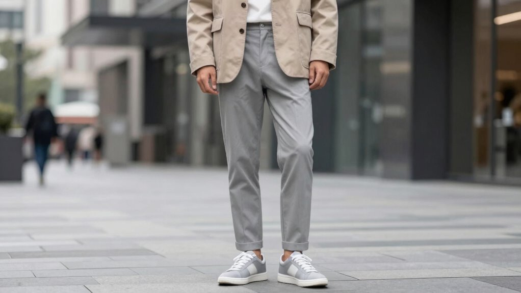 neutral tones with grey sneakers