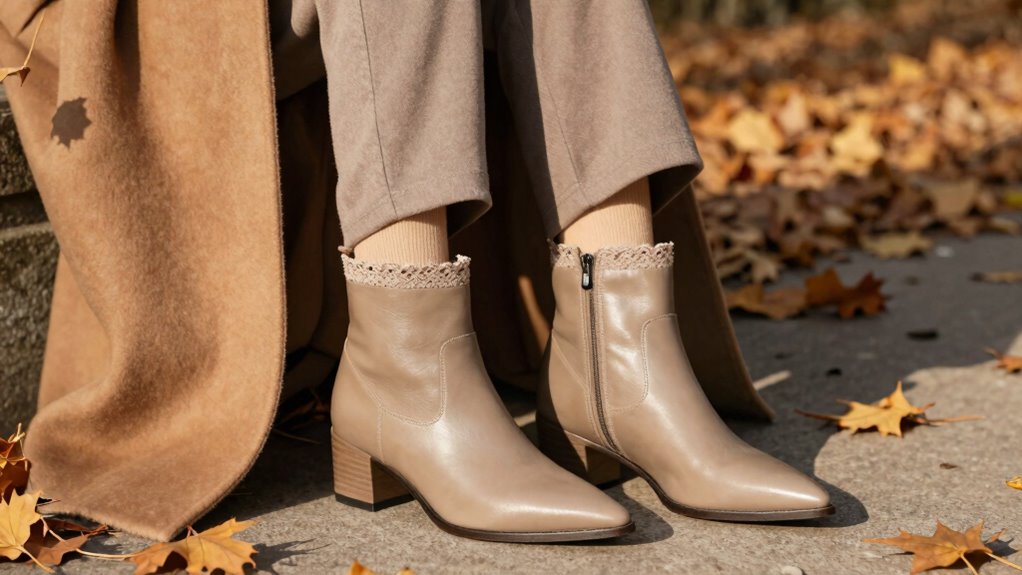 pointed boots with lace trim neutrals