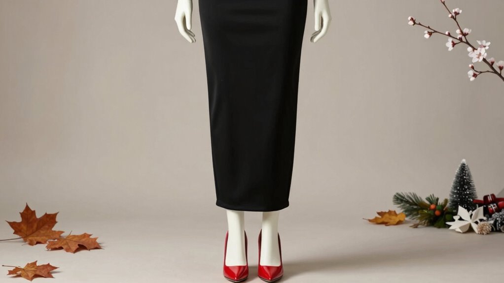 seasonal styling black dress red heels