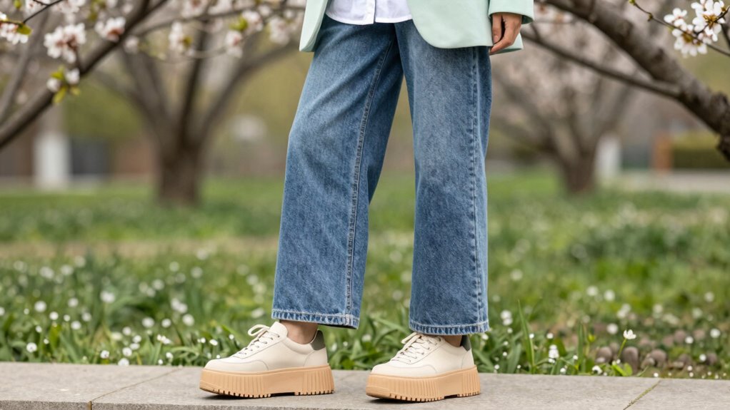 wide leg denim with white platforms