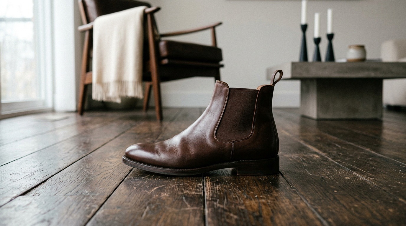 A brown Chelsea boot on a wooden floor in a naturally lit room