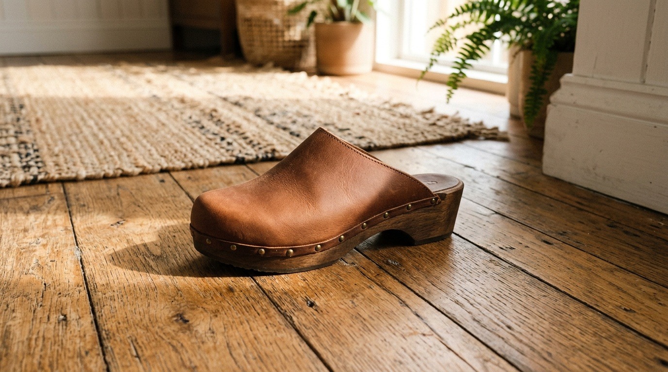 An unbranded leather clog on a wooden floor in natural light