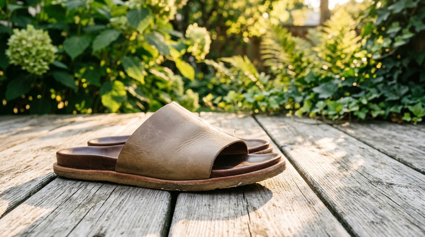 An unbranded sandal on a wooden deck in a sunny garden