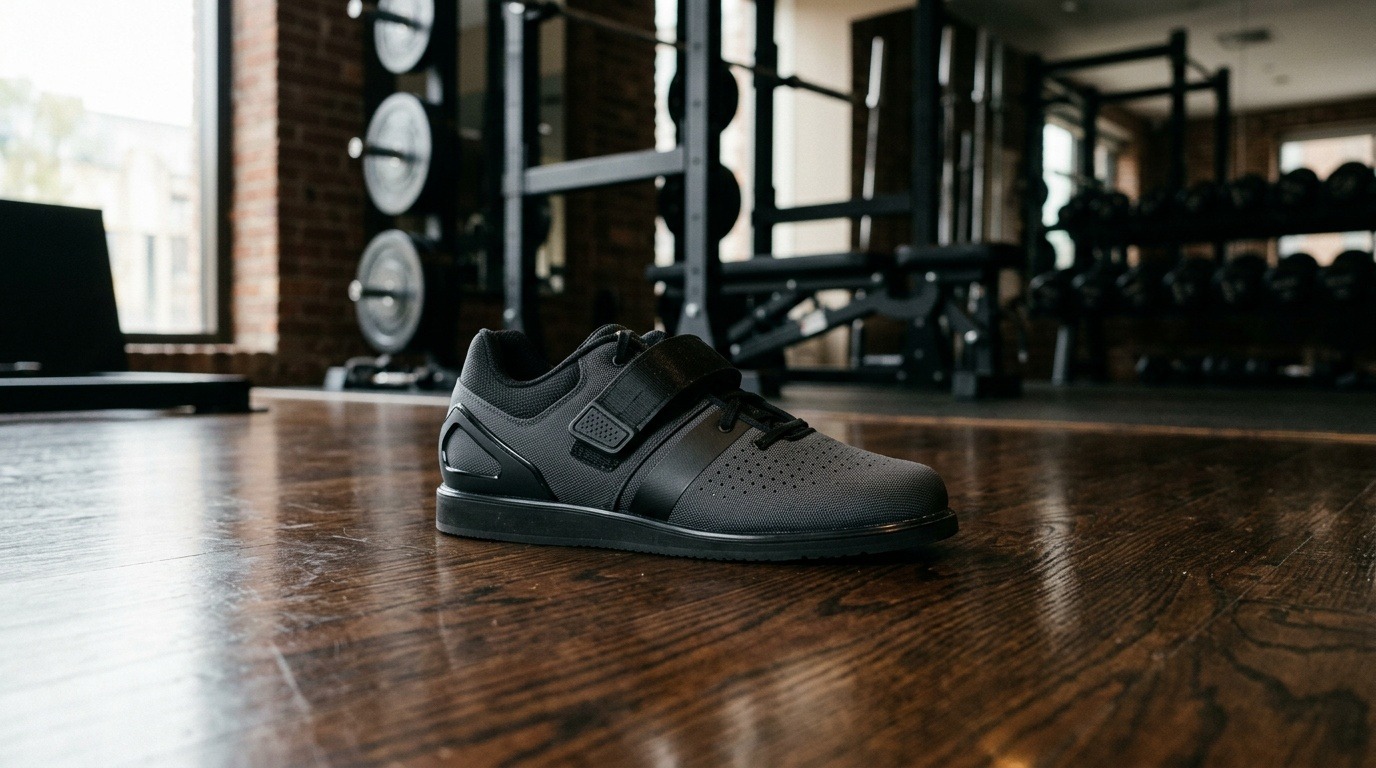 Unbranded weightlifting shoe on a wooden gym floor